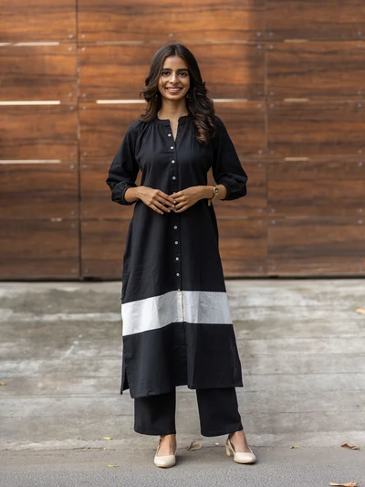 Black Colour Block Kurta Set