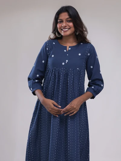 Blue Polka Dot With Stripes Handloom Kurta