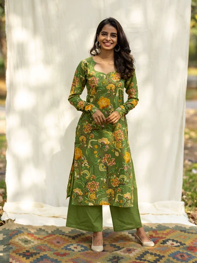 Green Floral Kurta Set