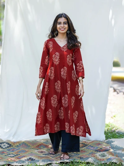 Deep Red Floral A- Line Kurta