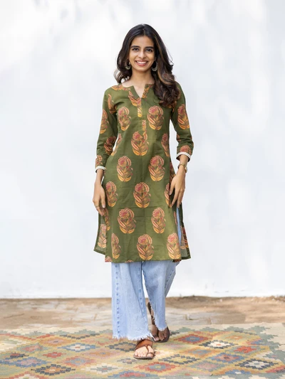 Green Floral Block Cotton Kurta