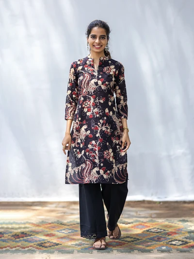 Black Peacock Kalamkari Kurta