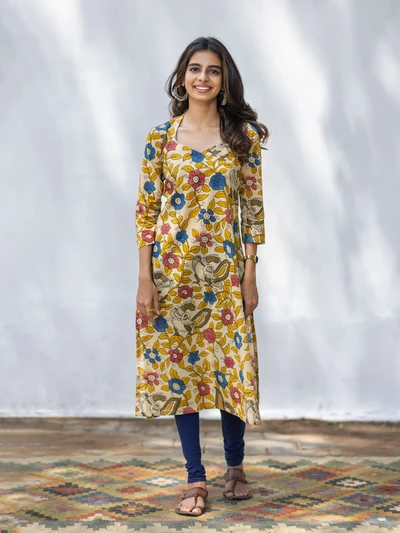 Lime Yellow Pen Kalamkari Kurta
