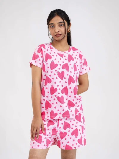 Blush Pink With Red Heart Cotton Shorts Set