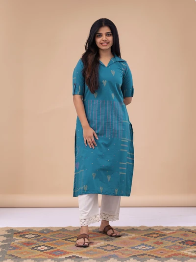 Teal Heart Cotton Kurta