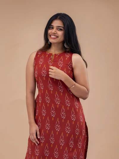 Rust Orange Ikkat Printed Kurta