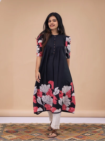 Black Floral Print Kurta