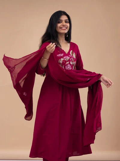 Maroon Embroidery Kurta Set