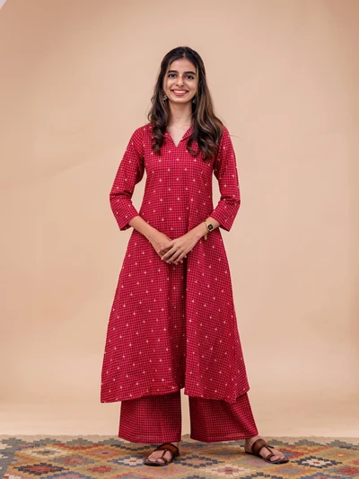 Nira Red Checked Handloom Kurta Set