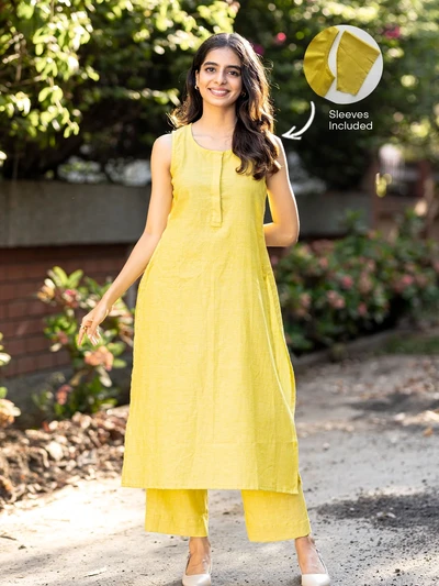 Soft Yellow Textured Solid Kurta Set