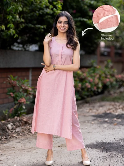 Misty Rose Textured Solid Kurta Set
