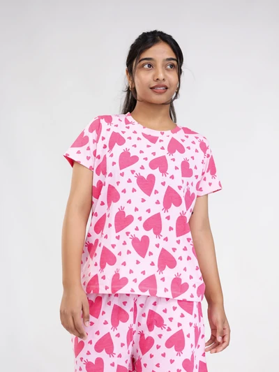 T-Shirt-Blush Pink With Red Heart Cotton