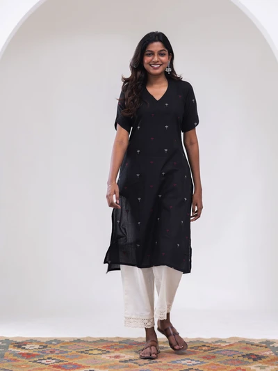 Black With Lotus Butta Handloom Kurta