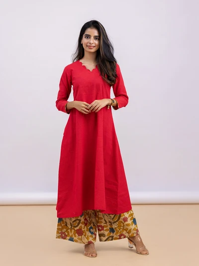 Pink Checked Kalamkari Kurta Set