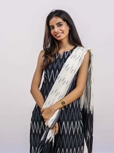 Smokey Black Ikkat Kurta With Dupatta Set