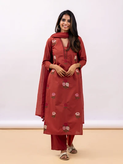 Maroon Rose Embroidery Kurta Set