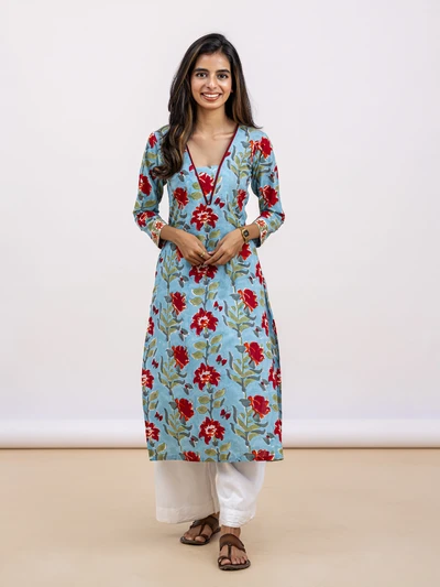 Powder Blue Handblock Floral Kurta