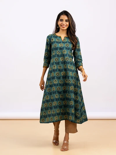 Vintage Teal Floral A-line Kurta