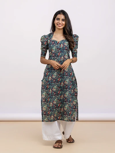 Vintage Navy Rose Ajrak Kurta