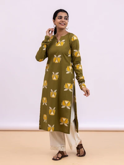 Olive Bloom Print Kurta