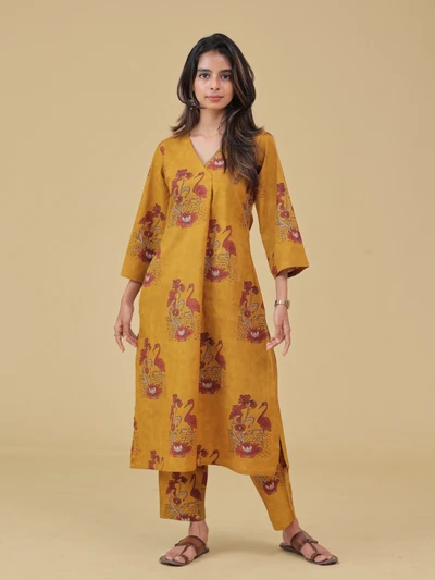 Mustard Flamingo Cotton Kurta Set