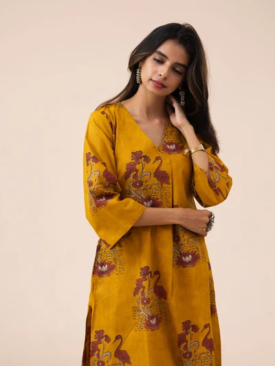 Mustard Flamingo Cotton Kurta Set