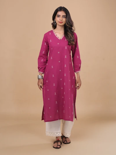 Bright Pink Cotton Handloom Kurta