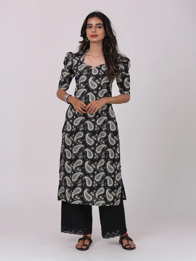 Black Paisley Print Cotton Kurta