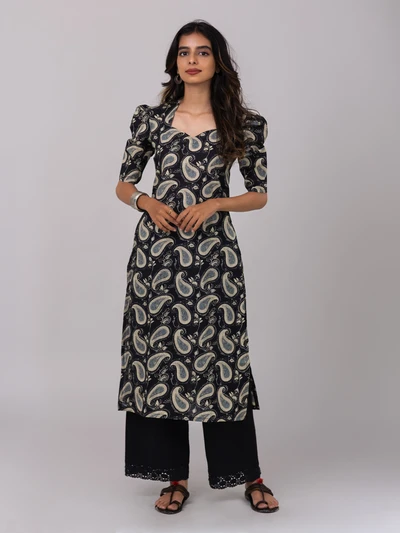 Black Paisley Print Cotton Kurta