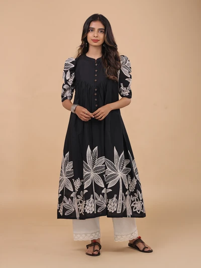 Black Cotton Tropical Print Kurta
