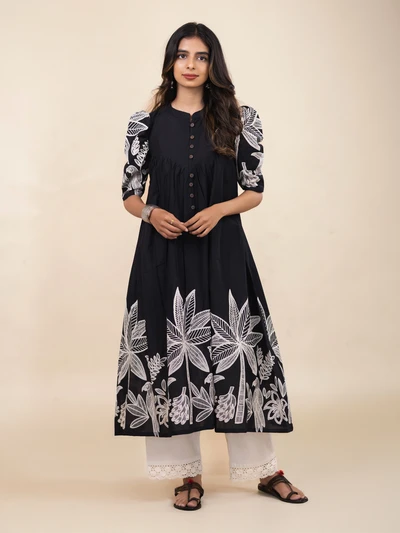 Black Cotton Tropical Print Kurta