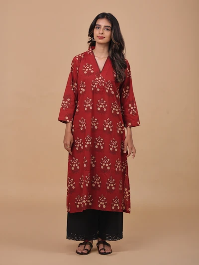 Red Cotton Block Printed Kurta