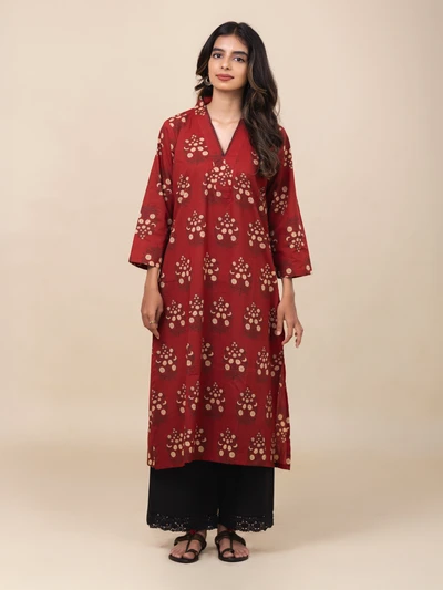 Red Cotton Block Printed Kurta