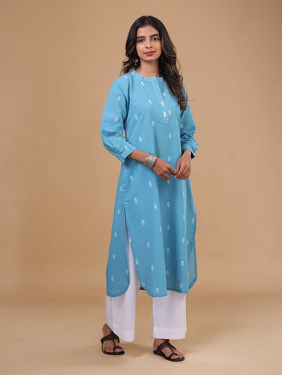 Cotton Teal Handloom Kurta