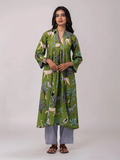 Green Jungle Safari Cotton Kurta Set