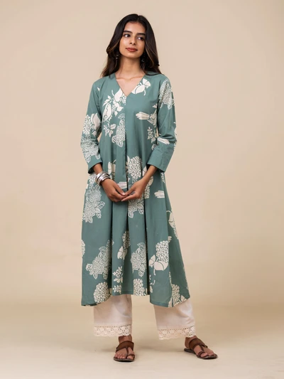 Teal Green Floral Printed Kurta