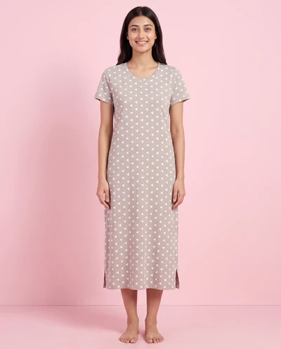Beige Print - Cotton Lounge Dress