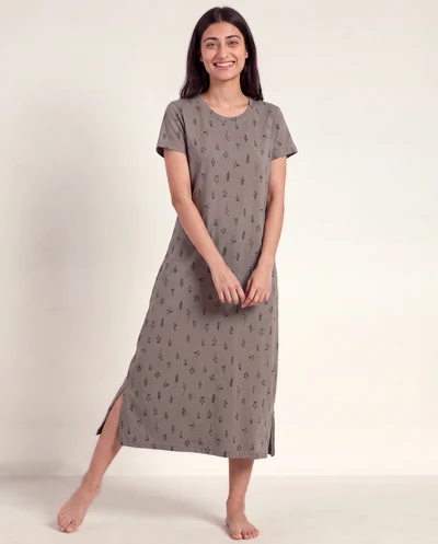 Brown Mini Floral- Cotton Lounge Dress