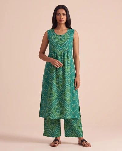 Teal Bandhani Printed Cotton Kurta set